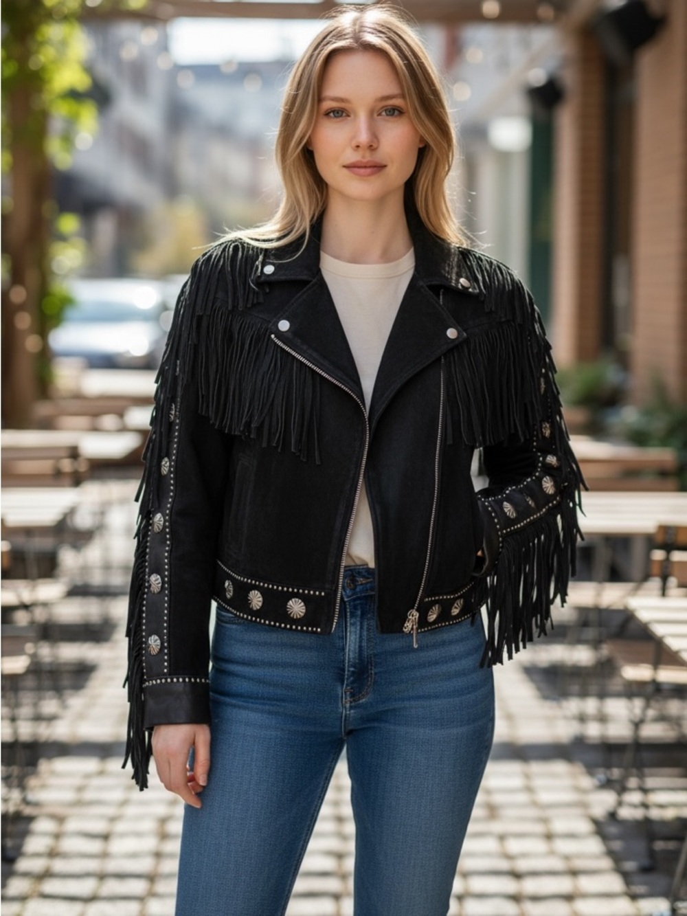 Vintage Cripple Creek Western Fringe Black Jacket with decorative concho studs